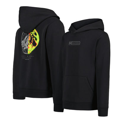 Hoodie - Under Armour noir à capuche avec poche kangourou et motif graphique coloré au dos, vues de face et de dos