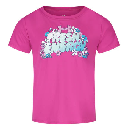 T-Shirt - Under Armour rose fuchsia en polyester avec motif floral blanc et bleu, style enfant, vue de face