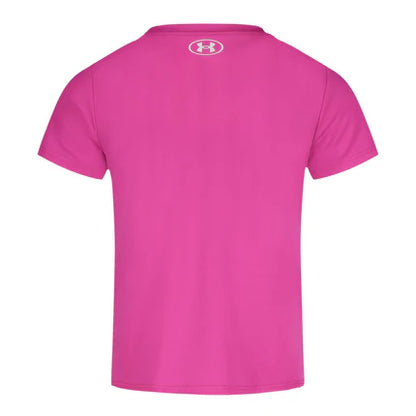 T-Shirt - Under Armour rose vif en polyester pour enfant, vue de dos avec logo blanc près du col