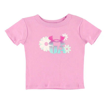 T-Shirt - Under Armour rose clair pour enfant avec logo floral bleu et blanc, en coton polyester, vue de face.