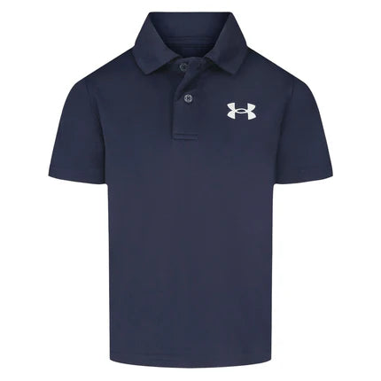 Polo - Under Armour bleu marine en polyester 100%, manches courtes, col polo, vue de face, enfant garçon