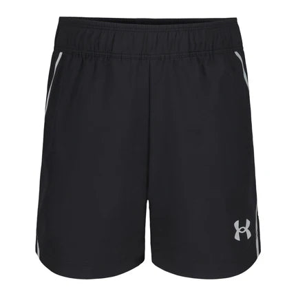 Short 2 en 1 - Under Armour, short de sport noir avec logo gris, élastique à la taille, vue de face.