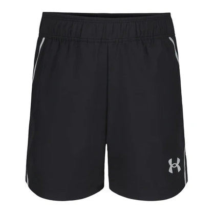 Short 2 en 1 - Under Armour, short de sport noir avec logo gris, élastique à la taille, vue de face.