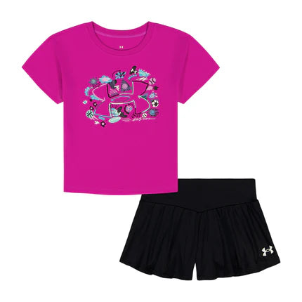 Ensemble Jupe-Short - Under Armour rose vif et noir pour enfant, t-shirt à manches courtes et jupe-short, vue de face.