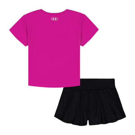 Ensemble Jupe-Short - Under Armour, t-shirt rose fuchsia et jupe-short noire, pour enfant, vue de dos.