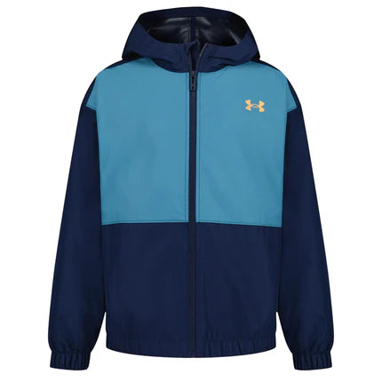 Manteau Coupe-Vent - Under Armour bleu marine et bleu ciel avec capuche, coupe droite pour enfant, vue de face.