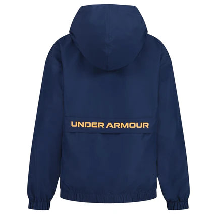 Manteau Coupe-Vent - Under Armour bleu marine avec capuche et inscription orange, style sportif, vue de dos.