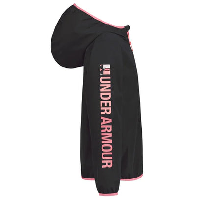 Manteau Coupe-Vent - Under Armour noir avec logo rose, doublé en mesh, style capuche, vue profil gauche, enfant fille, galerie 2