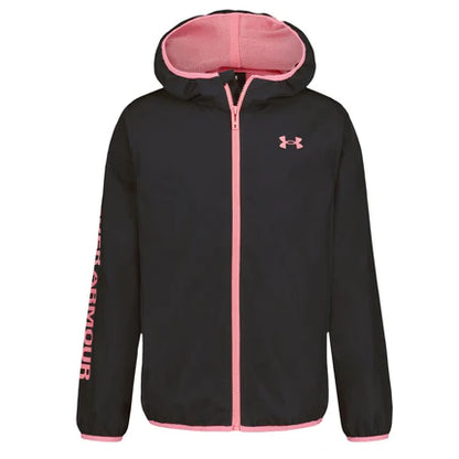 Manteau Coupe-Vent - Under Armour noir avec capuche et détails roses, fermeture zippée à l’avant, design léger et protecteur.