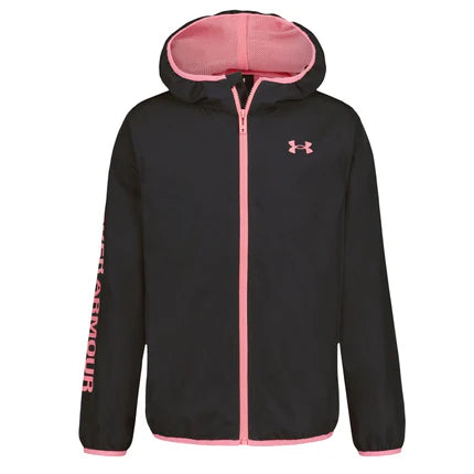 Manteau Coupe-Vent - Under Armour noir avec capuche et détails roses, fermeture zippée à l’avant, design léger et protecteur.