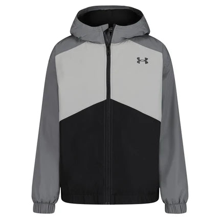 Veste à capuche tricolore gris clair, gris foncé et noir, coupe droite avec fermeture zippée, Manteau Mi-Saison - Under Armour.