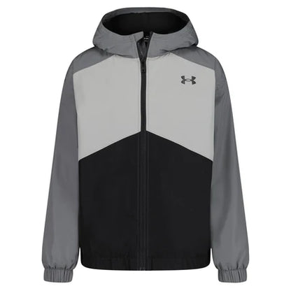Veste à capuche tricolore gris clair, gris foncé et noir, coupe droite avec fermeture zippée, Manteau Mi-Saison - Under Armour.