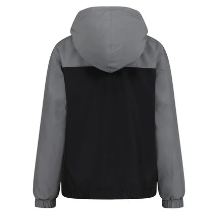 Vue arrière du Manteau Mi-Saison - Under Armour avec capuche, manches longues et design bicolore gris et noir.