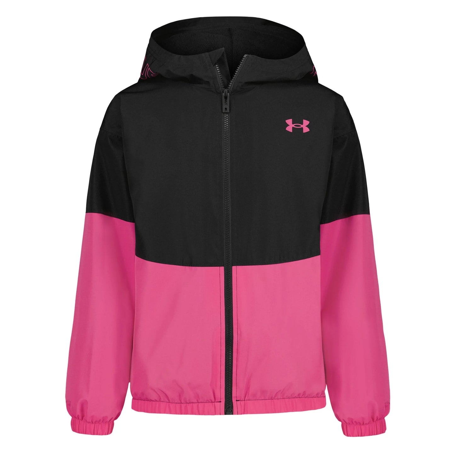 Manteau Mi-Saison - Under Armour avec capuche, fermeture zippée, design bicolore noir et rose, manches longues.