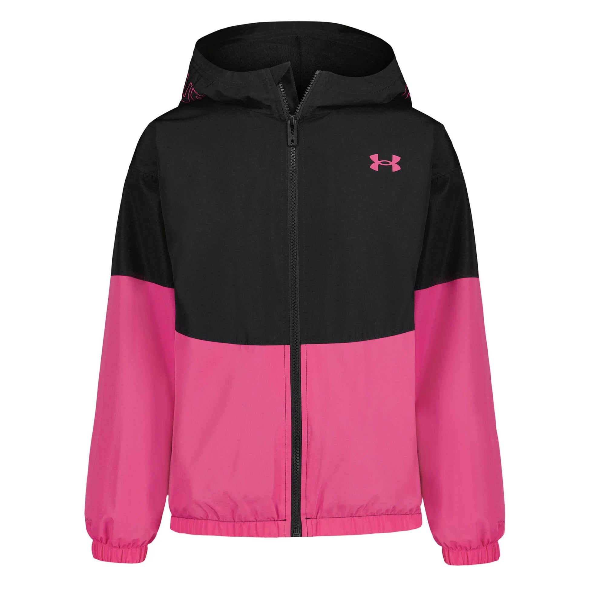 Manteau Mi-Saison - Under Armour avec capuche, fermeture zippée, design bicolore noir et rose, manches longues.