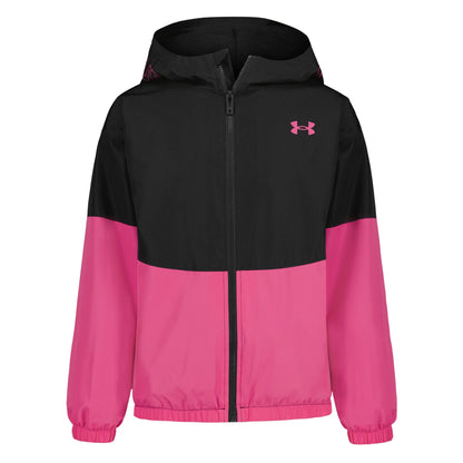 Manteau Mi-Saison - Under Armour avec capuche, fermeture zippée, design bicolore noir et rose, manches longues.