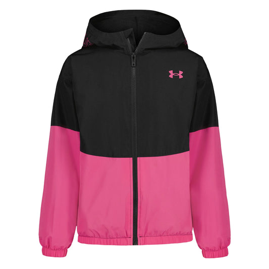 Manteau Mi-Saison - Under Armour avec capuche, fermeture zippée, design bicolore noir et rose, manches longues.