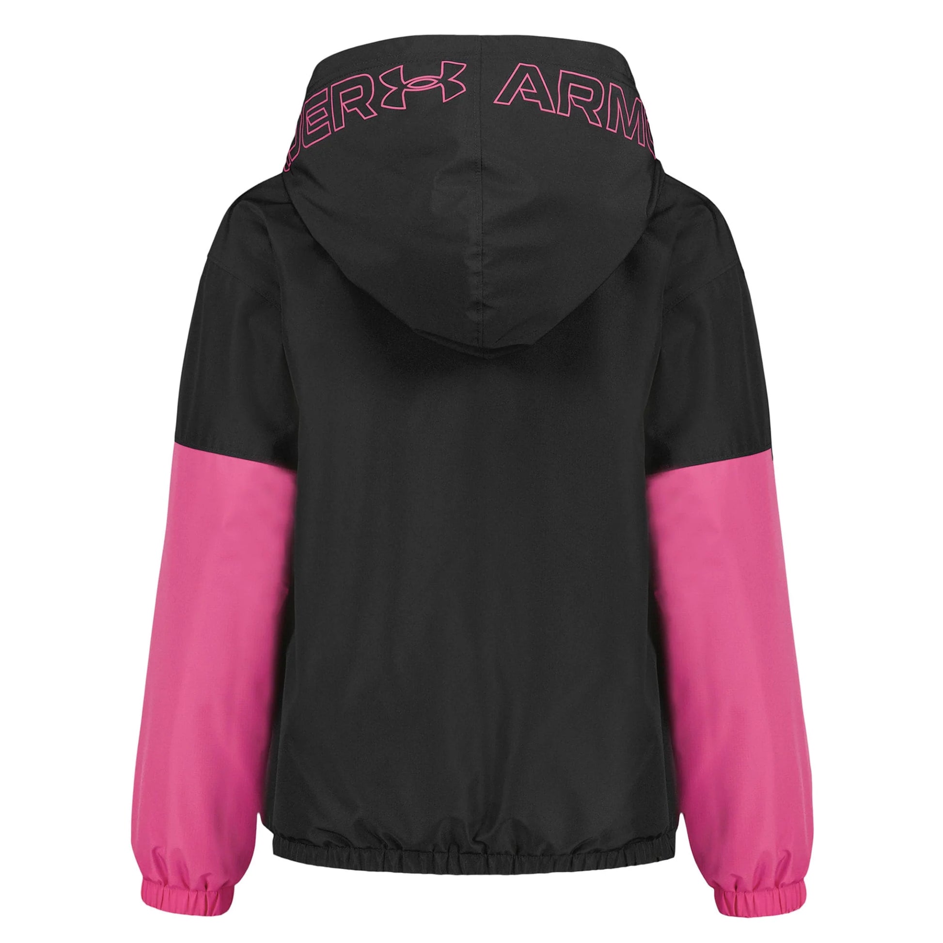 Manteau Mi-Saison - Under Armour noir avec manches roses et capuche à logo sous-armure contrastant.