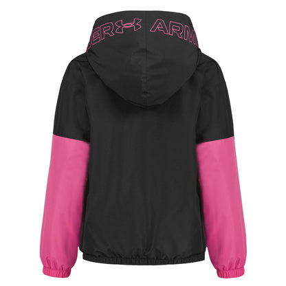 Manteau Mi-Saison - Under Armour noir avec manches roses et capuche à logo sous-armure contrastant.