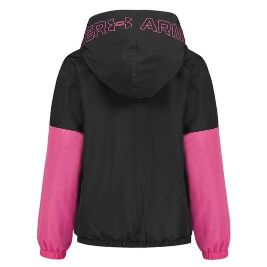 Manteau Mi-Saison - Under Armour noir avec manches roses et capuche à logo sous-armure contrastant.