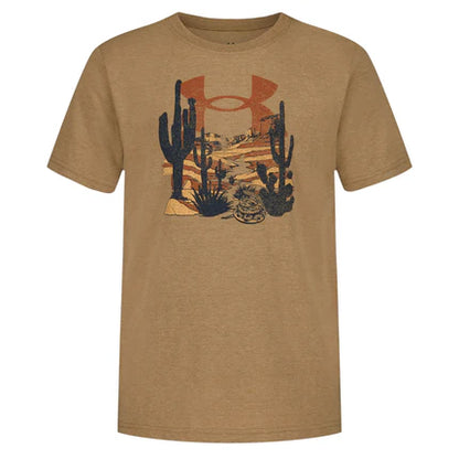 T-Shirt Wander - Under Armour beige avec imprimé désert et cactus noir et marron, style casual, vue de face, homme adulte.