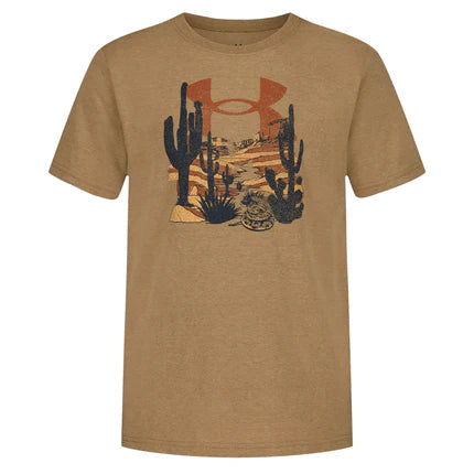 T-Shirt Wander - Under Armour beige avec imprimé désert et cactus noir et marron, style casual, vue de face, homme adulte.