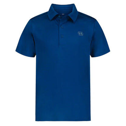Polo - Under Armour bleu marine en polyester 100% avec col et boutons, vue de face, style sportif homme adulte.