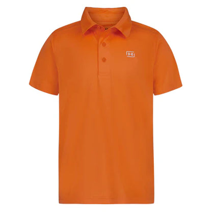 Polo - Under Armour orange uni en tissu technique, manches courtes, col chemise, vue de face, pour homme adulte.