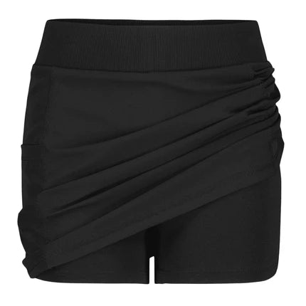 Jupe-Short - Under Armour noir en tissu extensible, style drapé asymétrique, pour femme, vue de face.