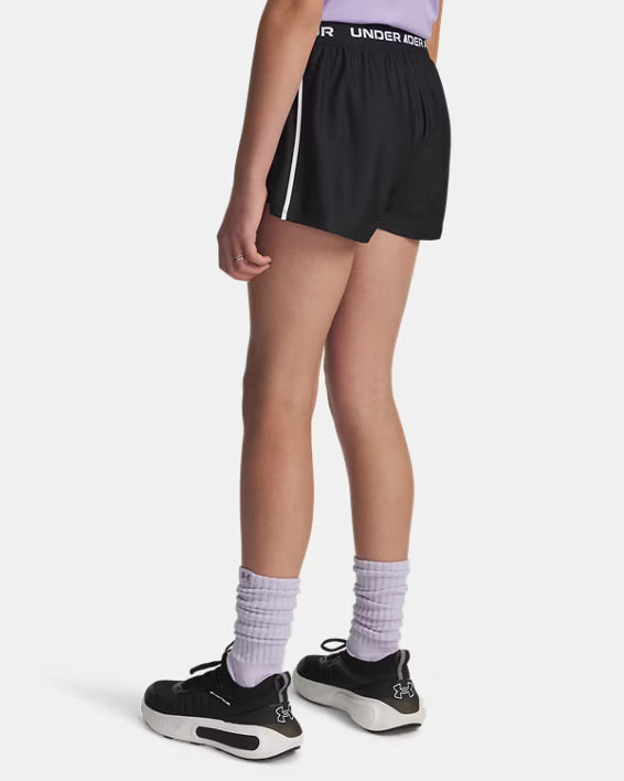 Short UA Tech™ Match - Under Armour noir avec bande blanche, textile technique, pour enfant, vue de dos portée