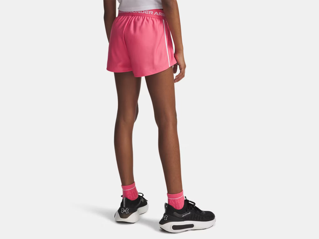 Short UA Tech™ Match - Under Armour short rose en tricot léger, taille mi-haute élastique, porté dos sur mannequin femme adulte