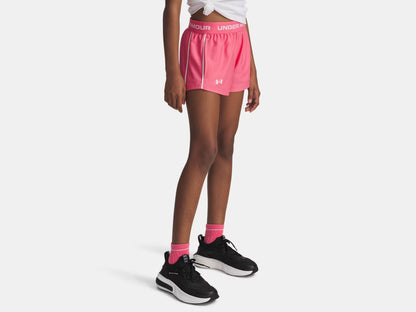 Short UA Tech™ Match - Under Armour, short rose en tricot léger, taille mi-haute, porté par une fille, vue de côté.