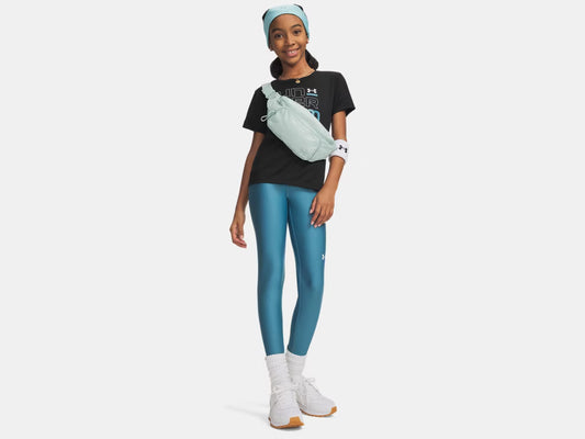 Legging HeatGear® - Under Armour bleu métallisé pour fille, porté sur mannequin, vue de face, tissu stretch thermique.