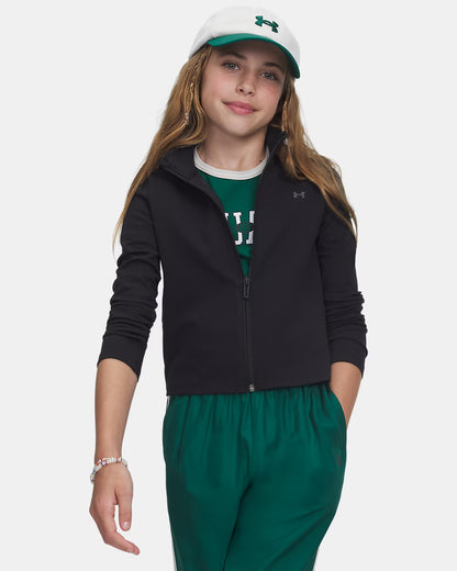 Veste UA Motion - Under Armour noire zippée, en tissu technique, portée par une enfant, vue de face, style sportif.