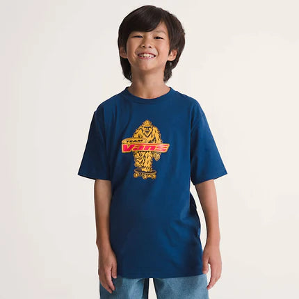 T-Shirt Big Push - Vans bleu marine avec logo jaune et rouge, style décontracté en coton, porté par garçon, vue de face.