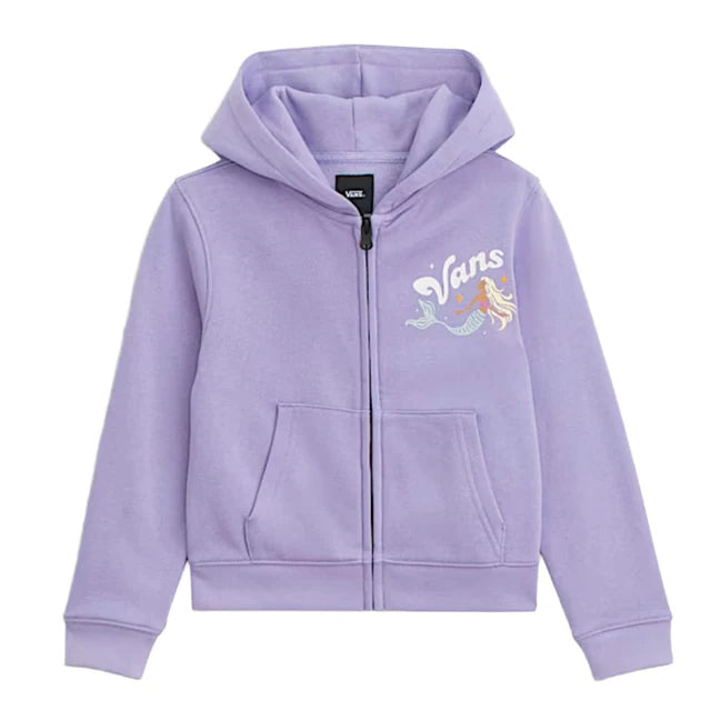 Veste - Vans violet clair à capuche avec zipper et poche frontale, logo blanc et motif floral, vue de face enfant