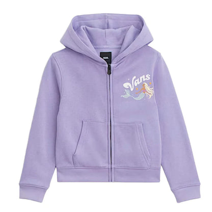 Veste - Vans violet clair à capuche avec zipper et poche frontale, logo blanc et motif floral, vue de face enfant