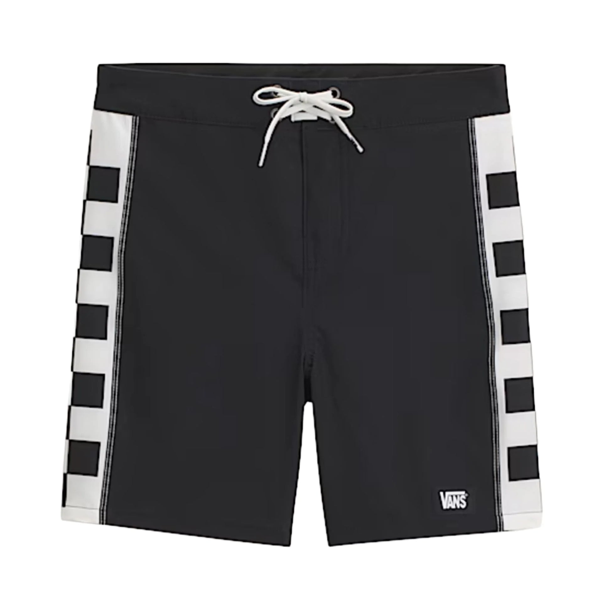 Maillot de bain - Vans short noir avec bandes blanches à damier sur les côtés, lacet blanc à la taille, vue de face.