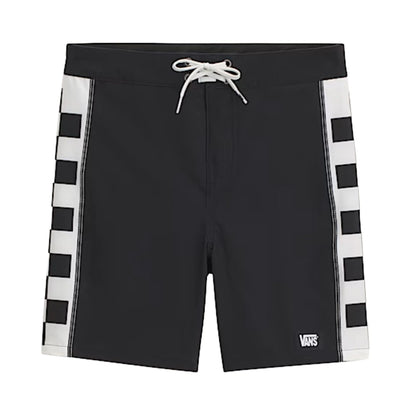 Maillot de bain - Vans short noir avec bandes blanches à damier sur les côtés, lacet blanc à la taille, vue de face.