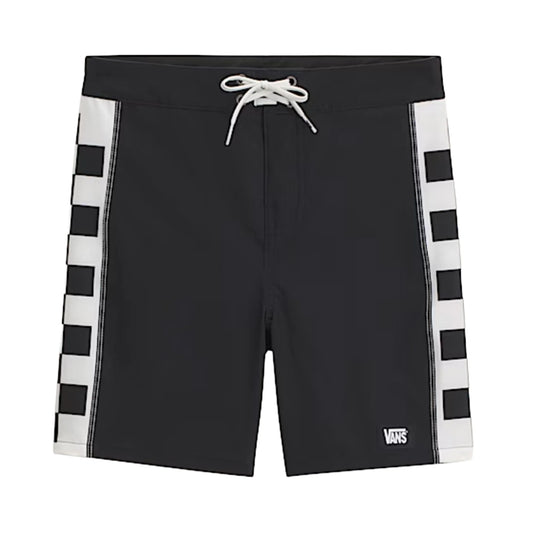 Maillot de bain - Vans short noir avec bandes blanches à damier sur les côtés, lacet blanc à la taille, vue de face.