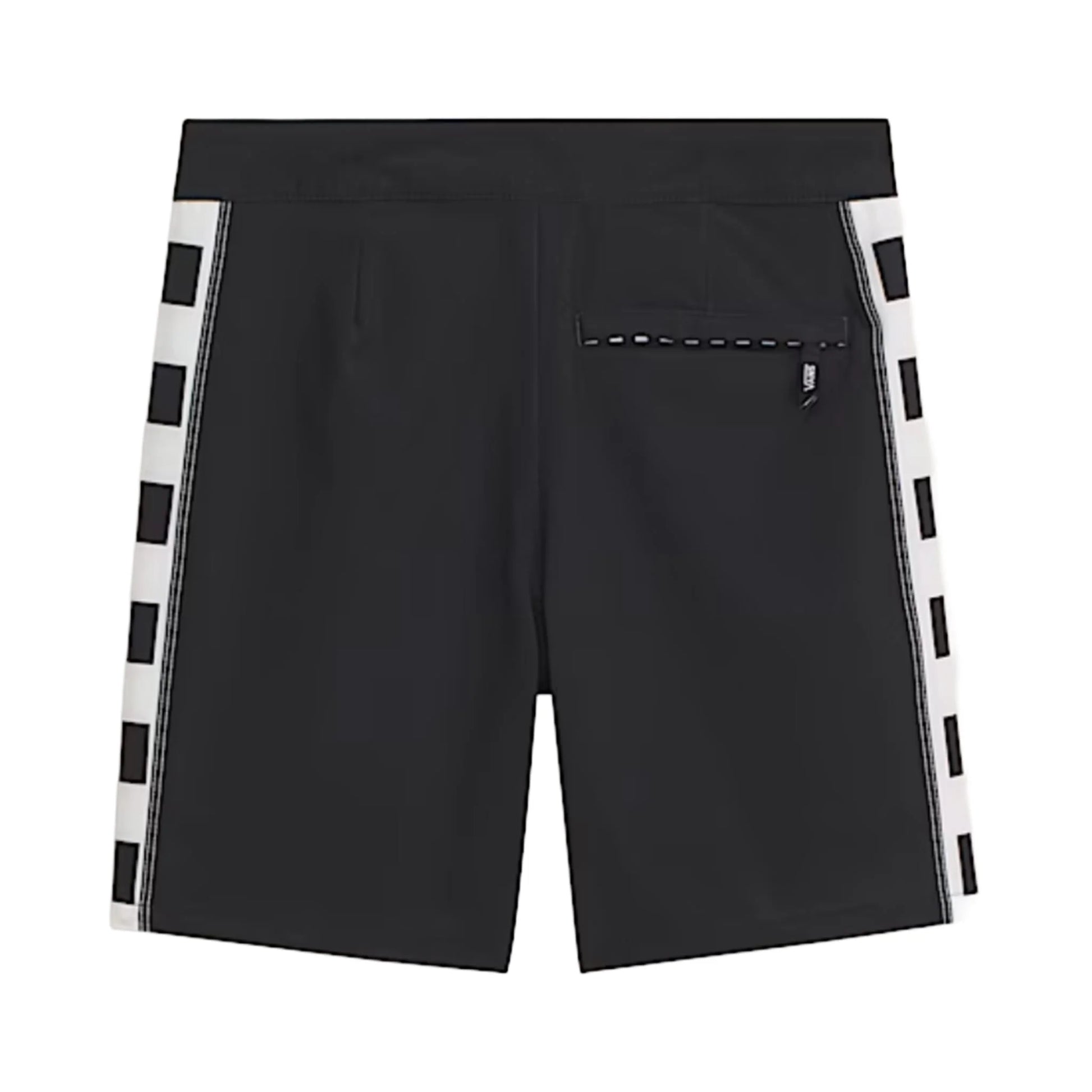 Maillot de bain - Vans short noir avec bandes blanches à carreaux noirs, détail poche arrière zippée, vue de dos.