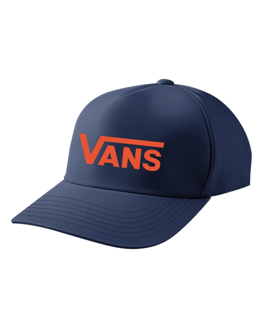 Casquette Classic Snapback - Vans bleu marine avec logo orange, style snapback, vue de trois quarts avant.