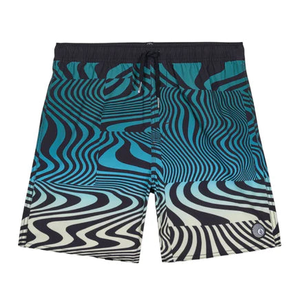 Maillot de bain - Volcom short de bain à motif ondulé bleu, noir et blanc, taille élastiquée avec cordon, vue de face