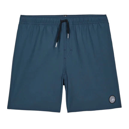 Maillot de bain - Volcom short bleu marine taille élastiquée avec cordon ajustable, vue de face, tissu polyester recyclé