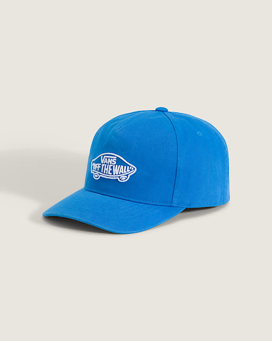 Casquette Classic Snapback - Vans bleu à 6 panneaux avec logo brodé blanc, vue trois quarts face, style classique unisexe adulte.