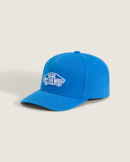 Casquette Classic Snapback - Vans bleu à 6 panneaux avec logo brodé blanc, vue trois quarts face, style classique unisexe adulte.