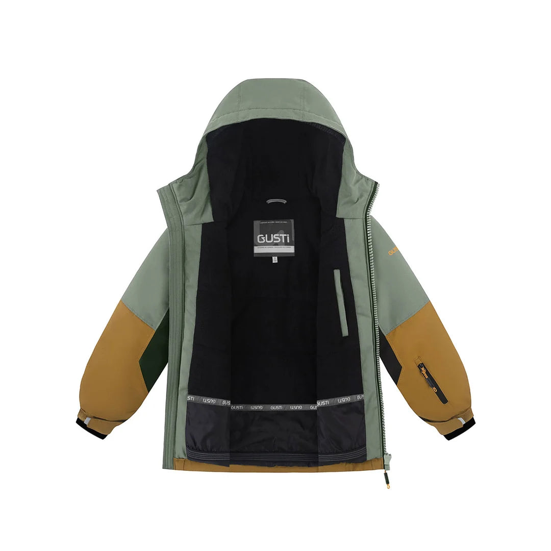Habit de neige Wilson - Gusti vert et ocre à capuchon, doublure noire, pour enfant, vue de face ouverte