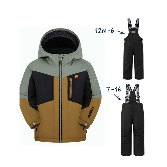 Habit de neige Wilson - Gusti pour enfant vert olive noir et ocre avec veste à capuchon et pantalon à bretelles vue de face