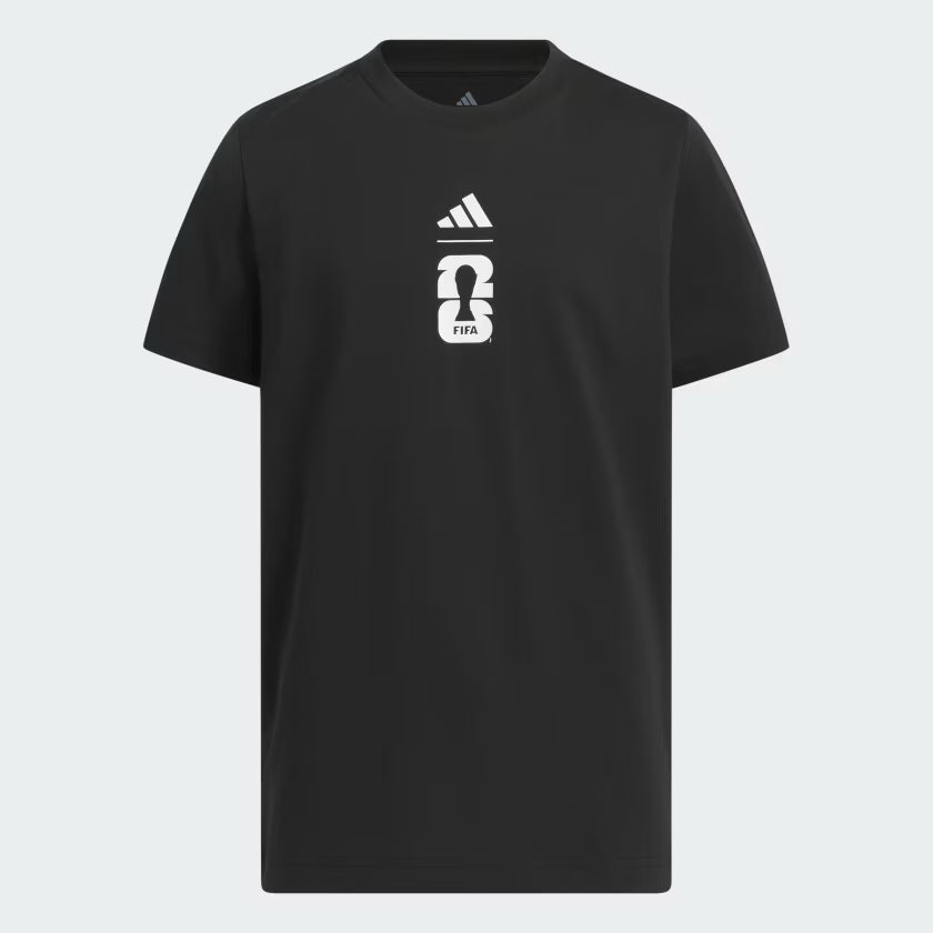 Black Adidas Coupe du Monde FIFA t-shirt laid flat, showcasing the logo and design details.