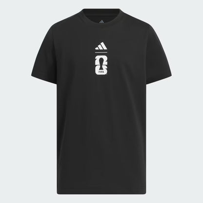 Black Adidas Coupe du Monde FIFA t-shirt laid flat, showcasing the logo and design details.